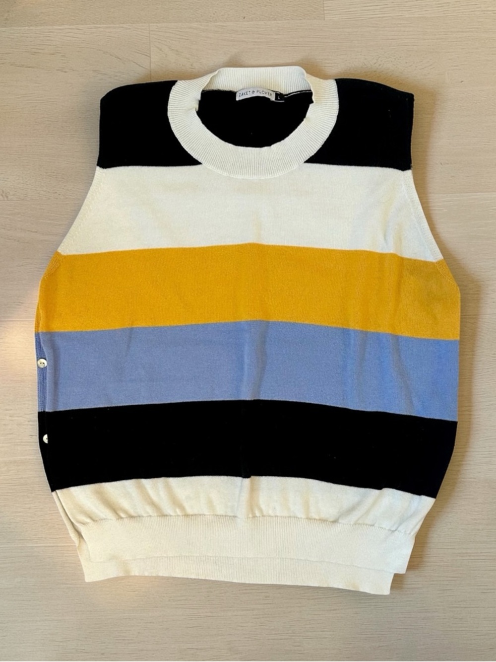 Sleeveless Striped Knit Sweater Vest - Black, White, Mustard & Light Blue